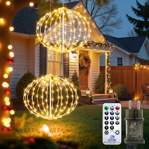 Auting Weihnachtsbeleuchtung Außen Stecker Hängende LED Kugel Lichter Timer, 20cm 81 LEDS Warmweiß, IP65 Wasserdicht Leuchtkugel Weihnachtsdeko Lichter für Fenster, Garten, Balkon,Traufe (2 Stück)