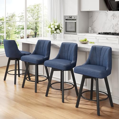 REONEY Counter Height Swivel Bar Stool, 24inch Upholstered PU Leather Barstools Set of 4, Counter Stool Chair with Back & Solid Wood Legs for Kitchen Island Dining Room (Blue)