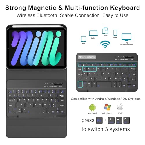 Image of SENGBIRCH iPad Mini 7th /6th Gen 2024 /2021 8.3-inch Bluetooth Detachable Keyboard Case with Rechargeable Pen Slot, Cute Cover with Detachable Keyboard for iPad Mini 7 /6, Black