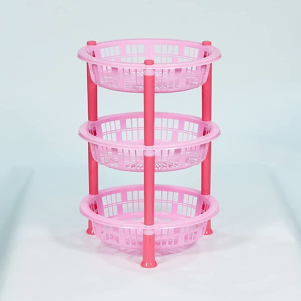 KORBOX Premium Plastic 4 Steps Kitchen Rack Basket - Fruits Onion, Potato, Vegetables Basket Tray for Kitchen & Office Use, Household (Round) (Pink)