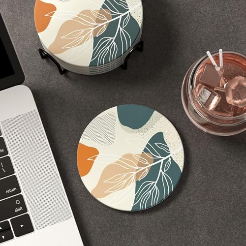 Image of Floral Boho Art Absorbent Coasters Set of 6, Wood Abstract Coaster with Holder, Home Coffee Table Decor for Women, Cute Cork Coasters for Drinks