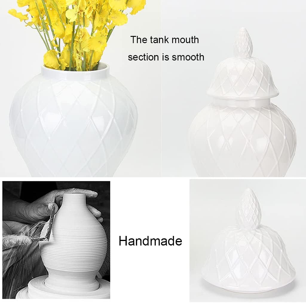 ZHOUXIAO Ceramic White Ginger Jar with Lid Diamond Pattern, Beautiful Decorative Porcelain Jars Temple Jar with Lids, Flower Vases Decor for Living Room Bedroom Shelf Bookshe B