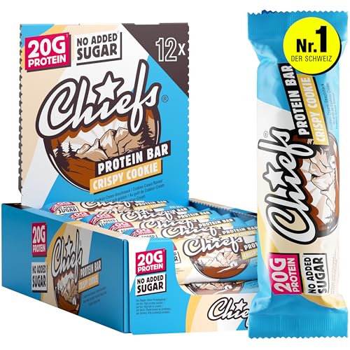 Chiefs High Protein Riegel - 20 g Protein, der köstliche Snack ohne Zuckerzusatz - 12 x 55 g Eiweißriegel ohne Palmöl - Crispy Cookie