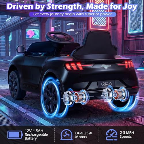 Image of Costzon Ride on Car, 12V Licensed Ford Mach E Kids Electric Vehicle with Parent Remote, LED Lights, Horn, Music, Wireless Connection & Spring Suspension, Kids Car Toy for Girls Boys (Deep Black)