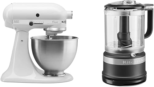 KitchenAid Classic Series K45SS - Batidora de pie inclinable de 4.5 cuartos de galón, color blanco y picadora de alimentos de 5 tazas, KFC0516,