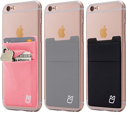 (Three) Stretchy Cell Phone Stick on Wallet Card Holder Phone Pocket for iPhone, Android and All Smartphones. (Pink&Grey&Black)