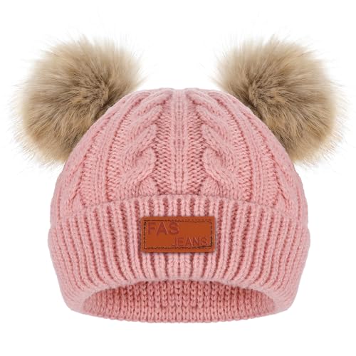 CIATBYYJ Wintermützen Kinder Mädchen, Warme Bommelmütze, Weiche Strickmütze Beanie Mütze Warm Mütze, Süße Wintermütze mit Zwei Bommeln für Mädchen und Jungen(Dunkelrosa)