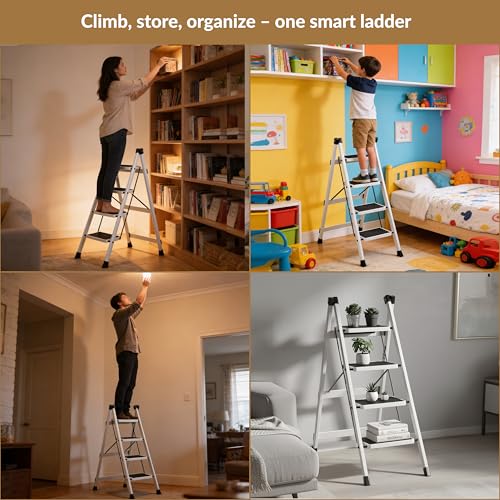 Image of Plantex 4 Step Ladder for Home Use /Wide Anti-Slip Heavy-Duty Step Stool /Lightweight Kitchen Ladder 4 Step (White)