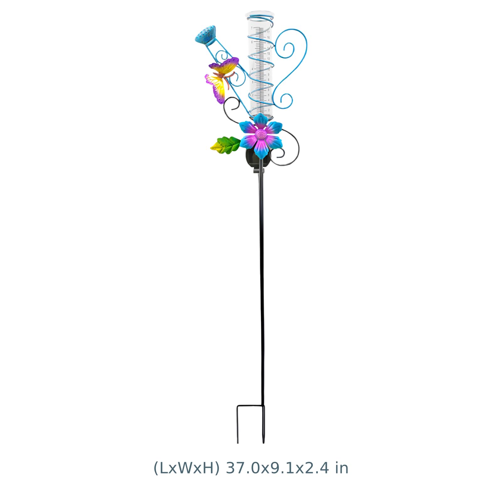 Solarna konewka deszczowa, palik ogrodowy, 94 cm, dekoracja zewnętrzna, lampa trawnikowa, metalowy motyl z kolorowymi kwiatami, dekoracyjny palik ogrodowy, dokładnie mierzy opady deszczu