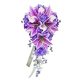 Angel Isabella Cascade Wedding Bouquet - Lavender Ivory Artificial Rose, Lilies with Real Touch Artificial Calla Lily