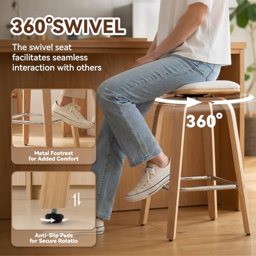 Butacos Altura Barra Set de 2 Unidades - Sin respaldo, Giratorios, Altura 26", con Estructura de Madera y Asiento Tapizado en Lino, Color Beige miniatura 4