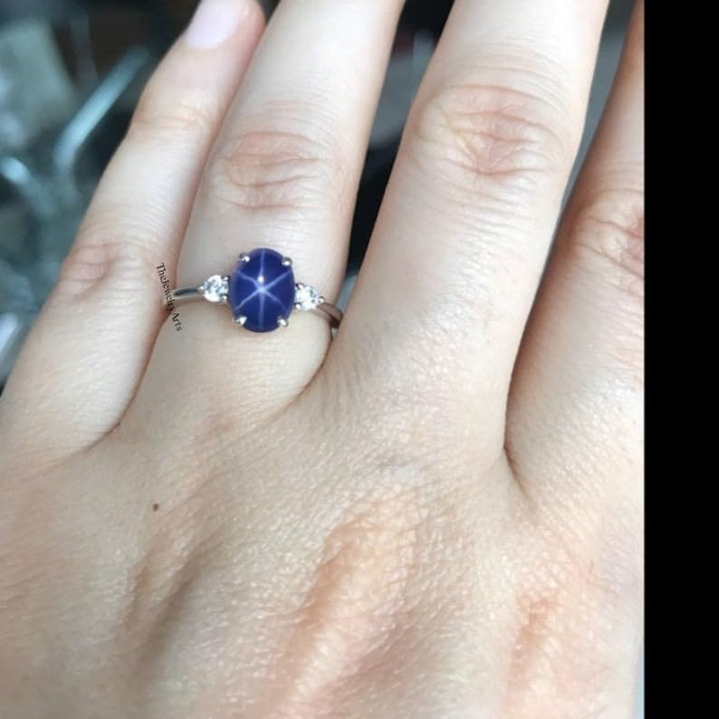 Blue Star Sapphire Ring, 6-Ray Star Engagement & Promise Ring, 925 Sterling Silver Statement Ring for Women