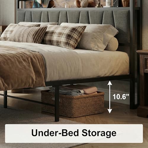 Image of LIKIMIO King Size Bed Frame with 2 Drawers and Charging Station | Platform Bed with Upholstered Storage Headboard, No Box Spring Needed, Easy Assembly, Sturdy, Industrial Brown and Gray