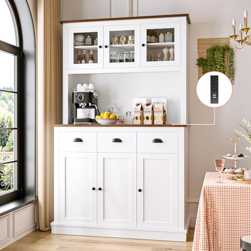 Image of MU 71 inch Kitchen Pantry Cabinet with Charging Station, Tall Pantry Hutch with Drawers, Countertop & Microwave Shelf, Food Storage Cabinet for Dining Room & Coffee Bar, White