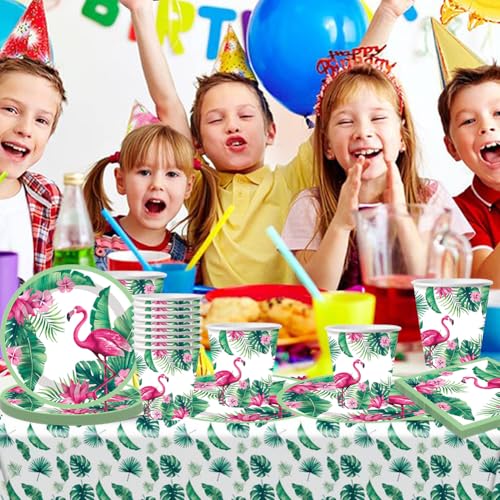 SZJFYMQ Flamingo Partygeschirr Set, Hawaii Geburtstag Deko,Pappteller Kindergeburtstag mit Flamingo, Sommer Gartenfeste Party Tischdeko, für Karneval Geburtstag Party Decoration,61PCS