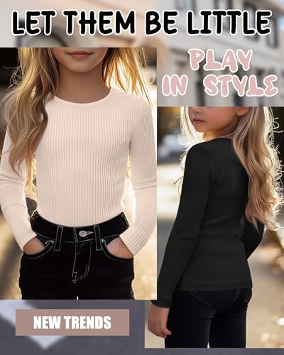 Image of 4 Pack Girls Long Sleeve Shirts Ribbed Knit Cotton Crewneck Tops Slim Fit Soft Casual Kids Base Layer Undershirts