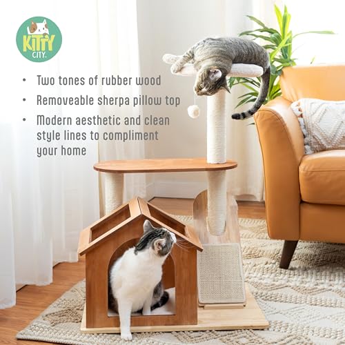 Torre de madera para gato con casa y rascador 2 niveles miniatura 2
