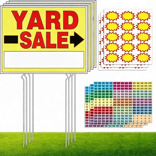 Nerjan Yard Sale Signs 4 Pack 18 x 13 Double-Sided Printed Waterproof Yard Signs with Heavy-Duty Metal Stakes Include 6 Pack Sale Price Stickers for Outdoor Yard Sale Garage Sale Estate Sale Event