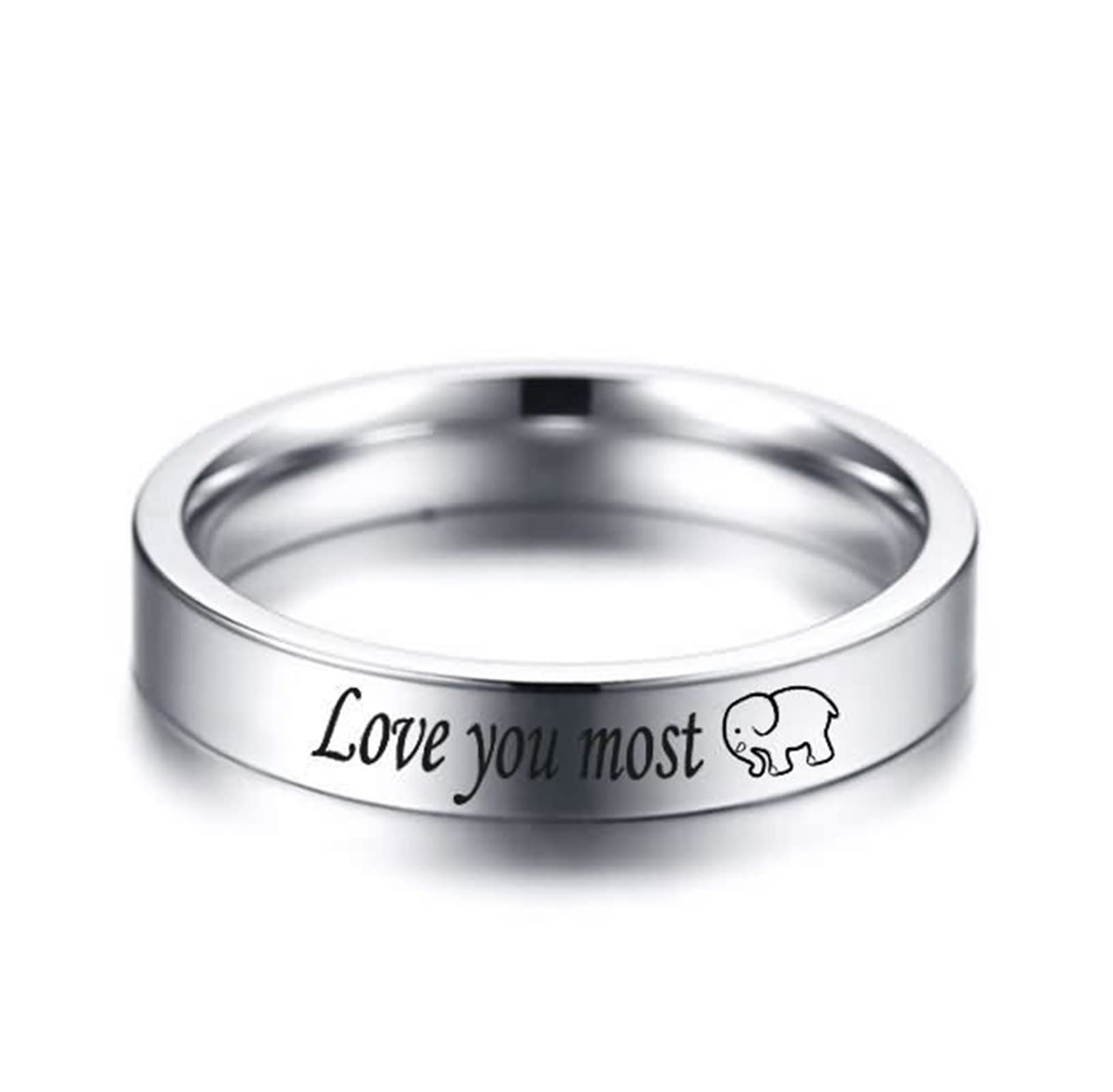AmDxD Alianza para boda plateada, acero inoxidable, anillo de compromiso con pareja grabada con el elefante Love You Most/More, W54 & M66.5, Acero inoxidable, Sin piedras preciosas
