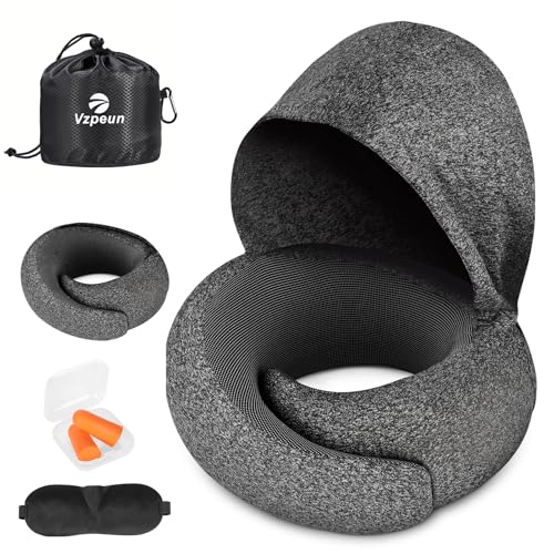 Image of Travel Pillow - Hooded Neck Pillow Airplane Memory Foam Filling for Plane, Office, Cars Sleeping, Road Trip, Long Flights, Airplane Travel Essentials, Includes Eye Mask & Earplugs (Dark Gray)