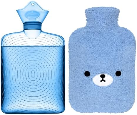 Samply Transparent Hot Water Bottle- 2 Liter Water Bag with Cute Fleece Cover, Bear Blue