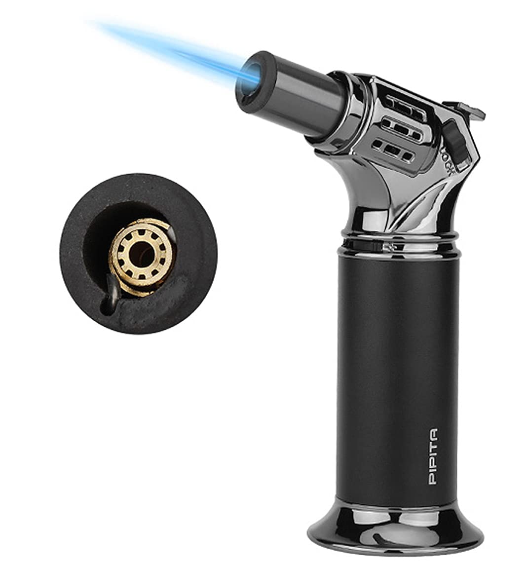 PIPITA Butane Torch Lighter, Adjustable Single Flame Windproof Refillable Butane Jet Lighter with Ignition Lock for Continuous Flame Cigar Home Kitchen Camping Use (Gas Not Included)