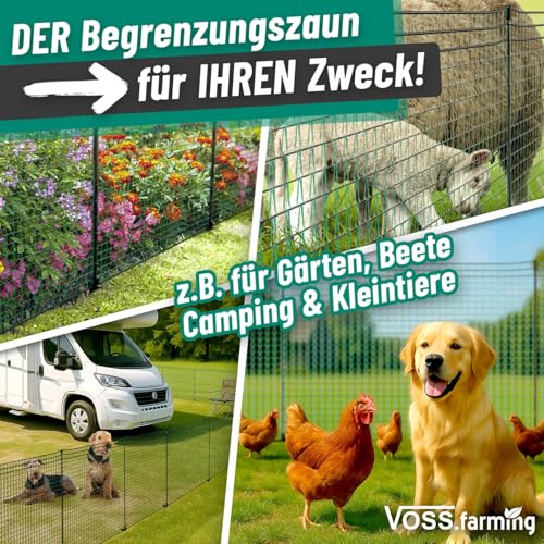 VOSS.farming 20m Gartennetz, Universal Begrenzungszaun, 80cm, 12 Pfähle, dunkelgrün, Hundezaun Campingzaun Beetschutz