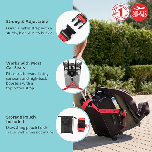 Image of J.L. Childress Car Seat Luggage Strap, Travelt Belt for Airplane, Red | Strong, premium nylon webbing luggage strap attaches baby car seat to rolling suitcase to easily transport through airport