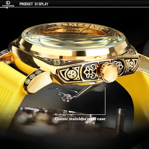 Image of FORSINING Fancy Watches for Men, Square Retro Mechanical Watch Self-Wind Carved, Gear Movement Golden Skeleton Automatic Watches Vintage Leather Strap Wrist Watch