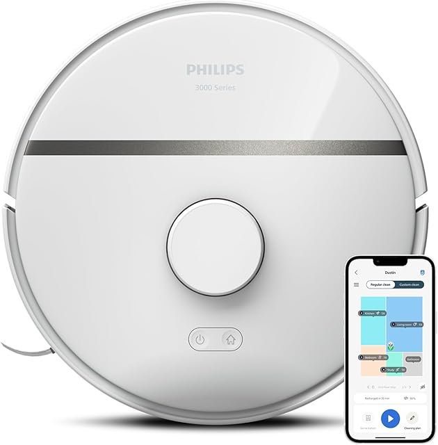 Philips HomeRun Robot mopująco-odkurzający z serii Aqua 3000,wysoka moc ssania 4000 Pa, inteligentna nawigacja laserowa,czas pracy 200 min,czyści dywany,usuwa sierść zwierząt,aplikacja,biały,XU3000/02