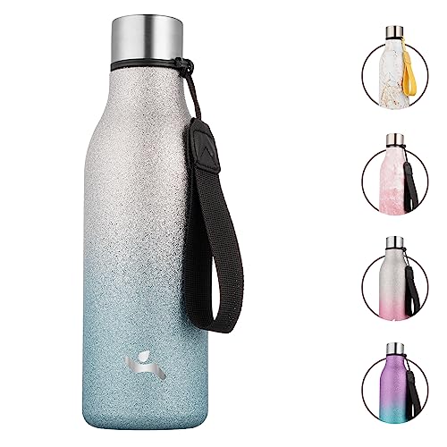 Image of Konokyo Insulated Water Bottle with Strap,18 oz Double Wall Stainless Steel Vacuum Bottles Metal Water Flask,Sparkling Silver Blue