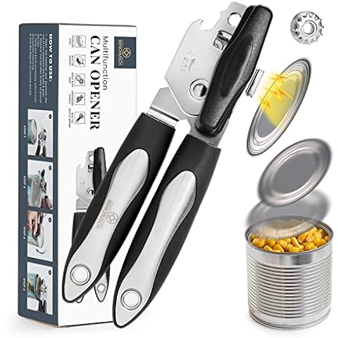 Can Opener Manual Handheld With Magnet, Lid-Lift Safety - Comfortable Anti-Slip Grip Handle And Big Turn Knob - Smooth Edge With Stainless Steel Sharp Blade - Heavy Duty Bottle Can Opener - Black Cover