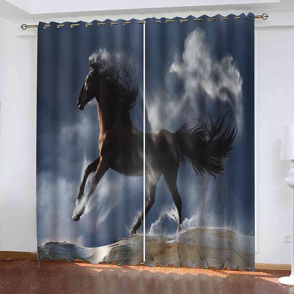 Rideau occultant contre le bruit et le froid pour chambre enfant motif cheval 3D