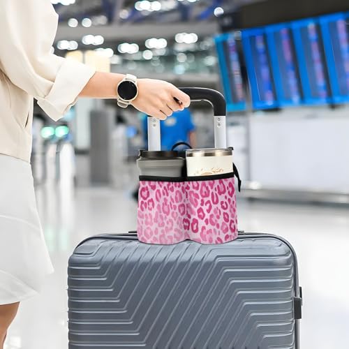 Image of Luggage Cup Holder for Suitcases Free Hands Suitcase Cup Holder Portable Travel Luggage Drink Cup Caddy Bag Carrier with Handle Gradient Pink Leopard Print