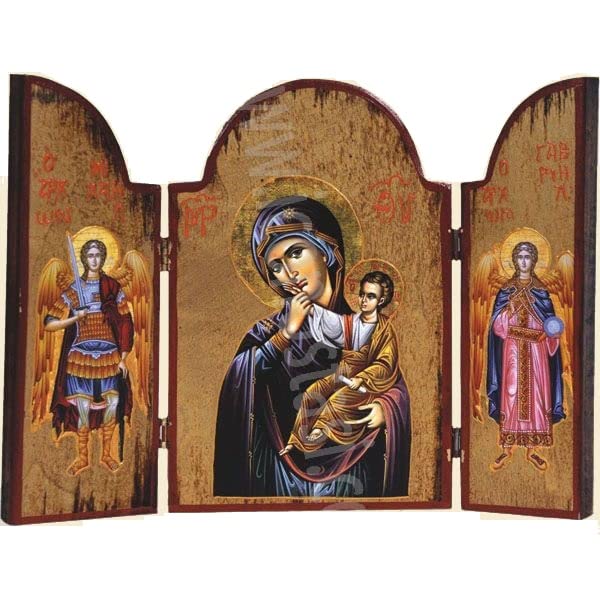 Vierge Marie et Archanges Michel Gabriel sur triptyque en bois protecteur