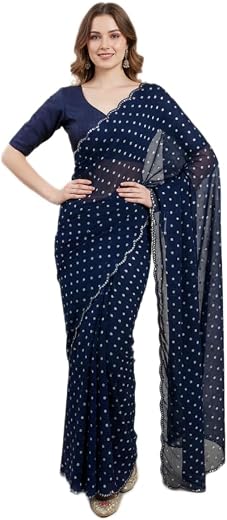 Amazon Brand - Tavasya Women's Chinnon Fabric Printed Saree with Beautiful Kutchi Mirror Work Lace Border and Matching Blo...