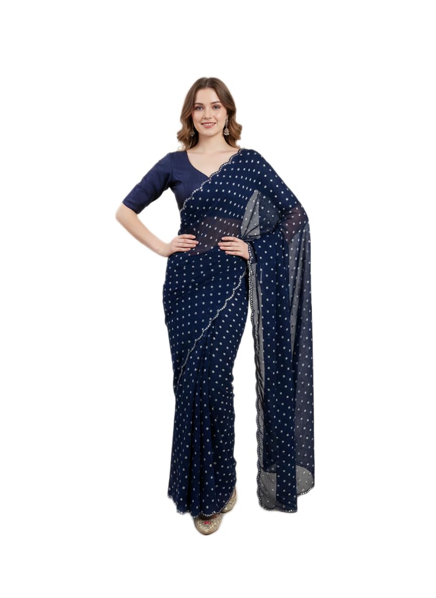 Amazon Brand - Tavasya Women's Chinnon Fabric Printed Saree with Beautiful Kutchi Mirror Work Lace Border and Matching Blo...