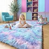 Amdrebio Purple Rainbow Rugs for Bedroom Girls Room Decor, Soft Fluffy Cute Area Rug 4x6 for Kids Room Playroom Nursery Dorm, Mermaid Stitch Frozen Fuzzy Carpet, Plush Kawaii Furry Baby Toddler Rug