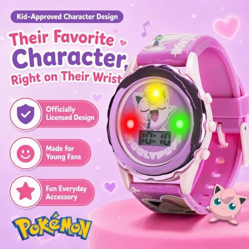 Pokemon Jigglypuff 여아용 LCD 디지털 시계, LED 조명 쇼 및 핑크 실리콘 스트랩 포함 — 사진 2