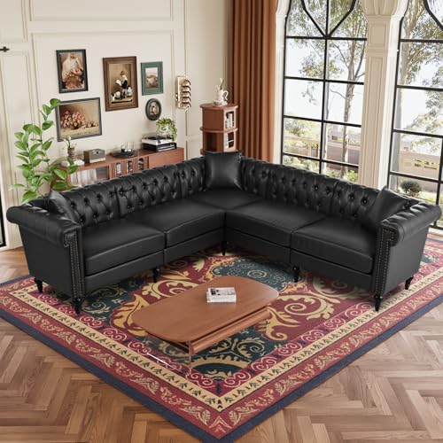 Image of 99.4 Inch 5 Seat L Shaped Couch Faux Leather Sectional Couch with Three Pillows Chesterfield L Shaped Sofa PU Leather Sectional Couches for Living Room Black