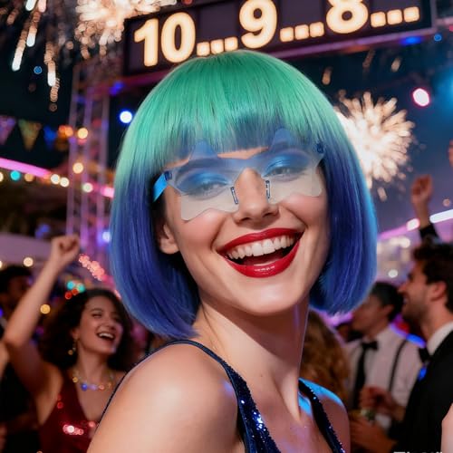 Image of ANOGOL Hair Cap + (Sunglasses) Teal to Blue Bob Wig with Bangs Womens Party Wigs with Star-Shaped Glasses Short Neon Wig Daily Party Fun Wigs Women Halloween Costume Bachelorette Hair