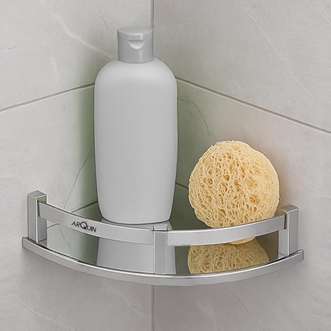 Image of ARQUIN Bathroom Corner Shelf for Bathroom 9x9 Inch | Wall Mount Corner Stand Shelf |Storage Organiser Shelf 304 Stainless Steel Rack Corner Wall Shelf Mounted Fittings Corner Shelves