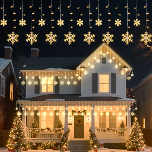 Minetom Christmas Snowflake Lights - 13ft 192LED Snowflake Icicle Lights with 16 Drops, 12 Modes and Timer, IP65 Waterproof Connectable Christmas Light for House Eave Indoor Outdoor (Warm White) by Minetom - Used condition - US$25.99