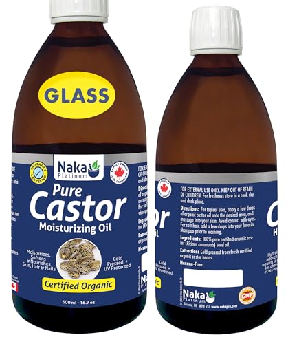 100% Canadian Naka - 500ml (16.9oz) Glasss Bottle, ORGANIC GOLDEN CASTOR Oil, Cold Pressed, Hexane Free, Moisturizes, Softens and Nourishes Skin, Hair and Nails
