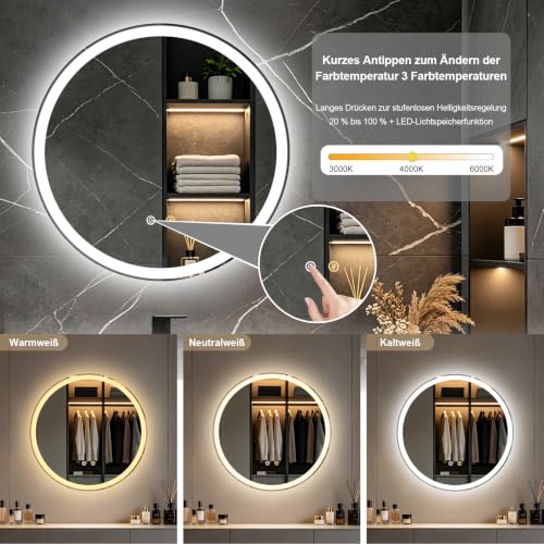 Olyvren 50 cm runder Badezimmerspiegel mit LED-Beleuchtung, Wandmontage – Ansicht 7