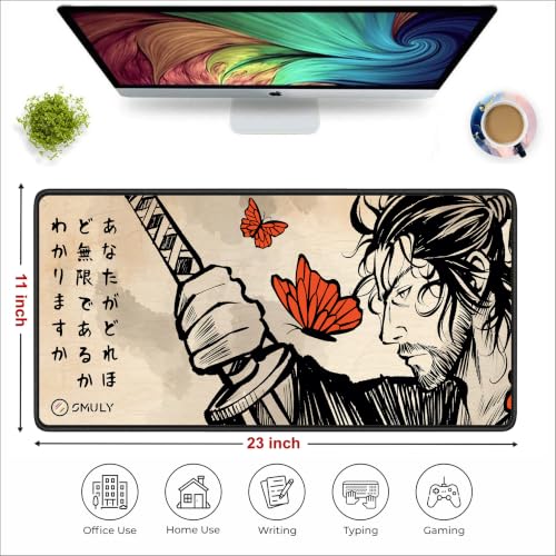 Image of Japanese Samurai Gaming Mouse Pad, Large Desk Mat 58.5 x 28 cm, Extended Washable Mousepad, Desk Pad, 2mm Thick Non-Slip Rubber Base, Stitched Edges, Smooth Surface (Multicolour)