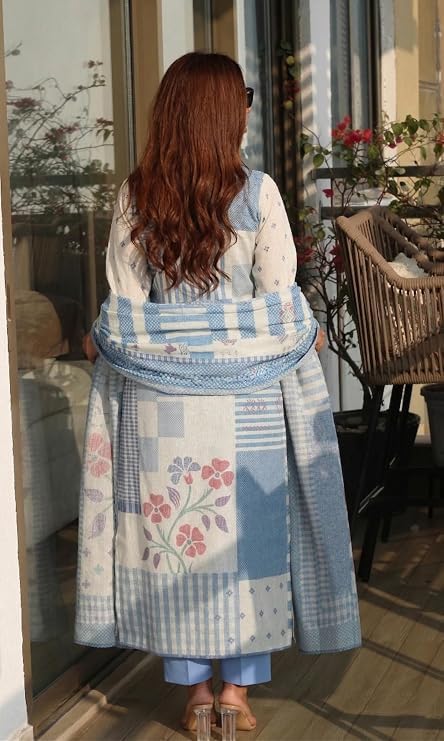 Image of ANNI Designer Cotton Blend Printed Straight Kurta with Pant and Dupatta for Women | Cotton Blend Blue | 3 /4 Sleeve | V-Neck | Ethnic Wear Casual Wear
