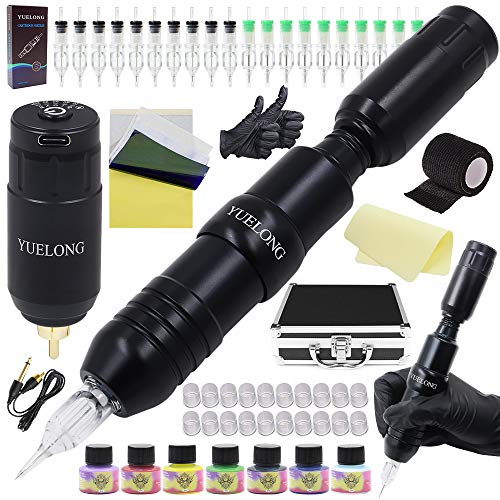 Tattoo Pen Kit -Yuelong Tattoo Machine Pen with Wireless Tattoo Power Supply 20pcs Tattoo Needles Cartridges Tattoo Tape Tattoo Ink Caps Disposable Gloves Tattoo Accessices Tattoo Case Tattoo Supplies