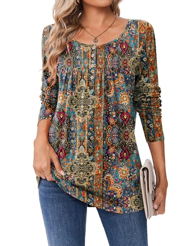 Zeagoo Long Sleeve Shirts for Women Fall Fashion Dressy Casual Blouses Trendy Pleated Tunic Tops for Leggings 2025