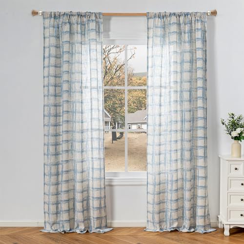 Image of MYSKY HOME 95 inch Curtains 2 Panel Set Curtains for Living Room Dining Room Semi Sheer Light Filtering Back Tab Plaid Window Treatment Farmhouse Style Drapes for Bedroom,50 inchx95 inch, Blue, 2 PCs